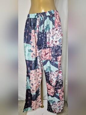 White Waves Patchwork Floral Wide-Leg Lounge Pants - Navy, Pink & Mint NWT Sz OS